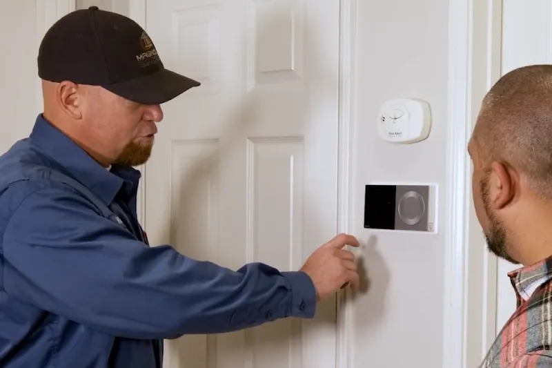 A technician showing a homeowner how to use their thermostat.