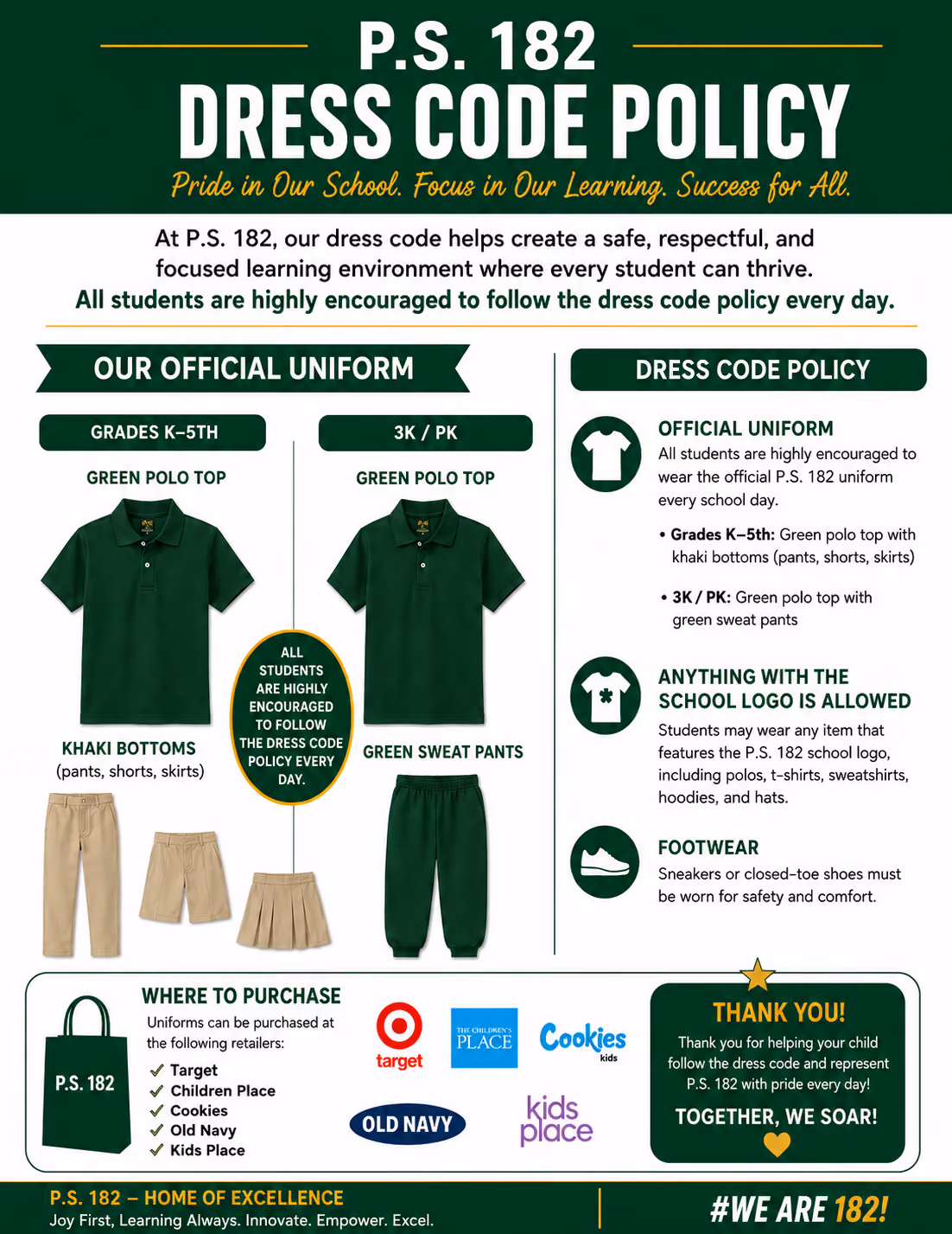P.S. 182 Dress Code Policy flyer
