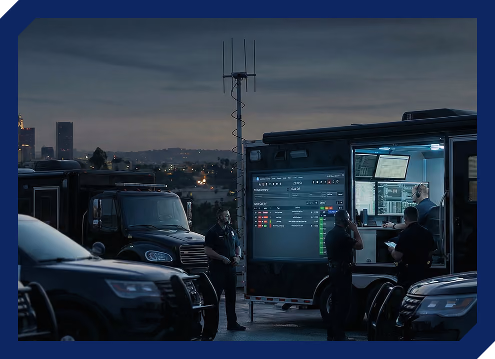 Group of policemen around a command center using the 10-8 Systems CAD dasbhboard