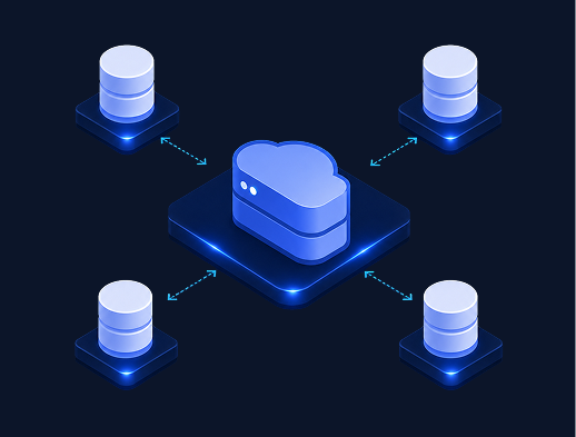 Cloud system connected to multiple databases.