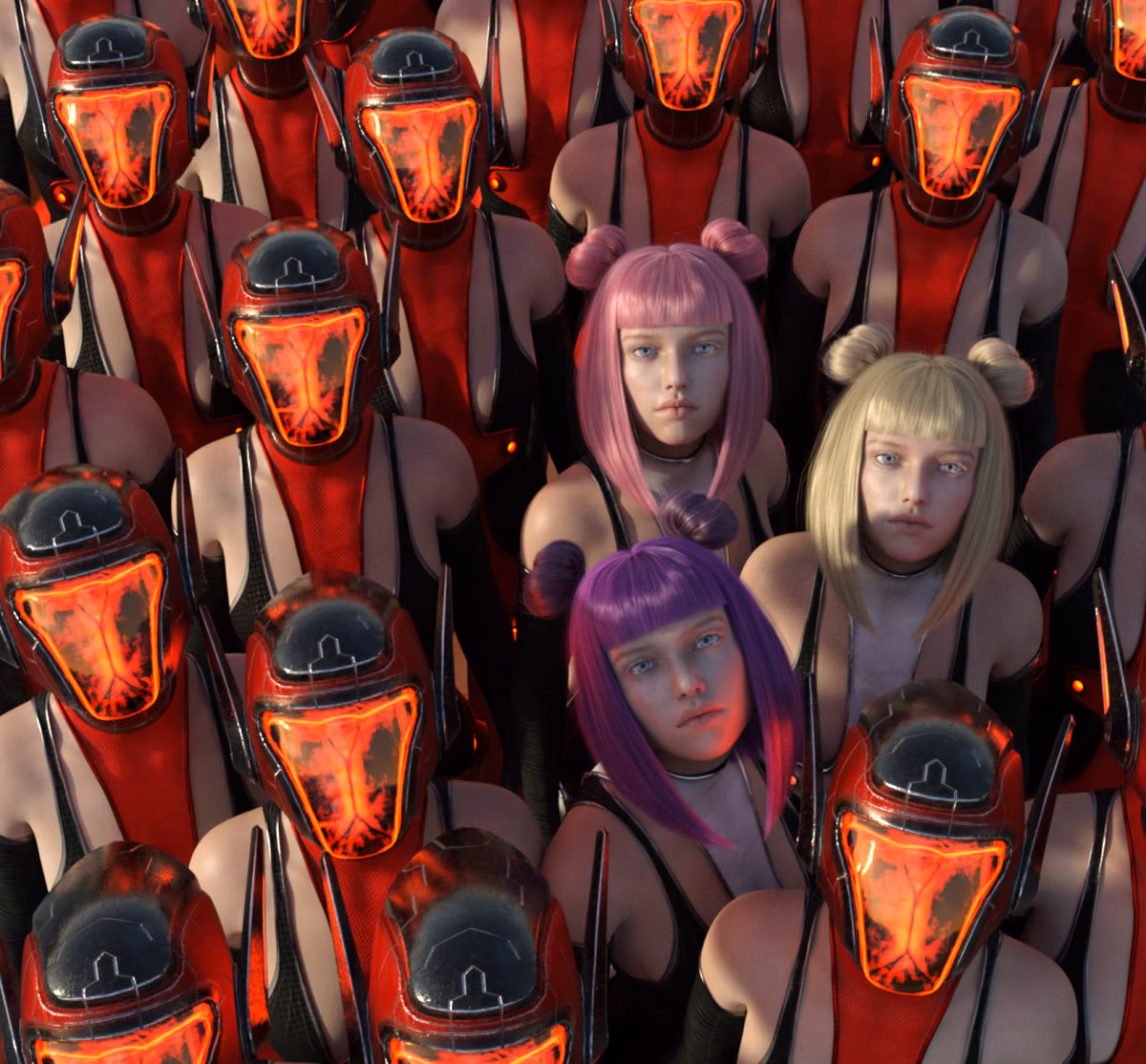 3D render of identical red armoured figures surrounding three characters with pink, purple and blonde hair