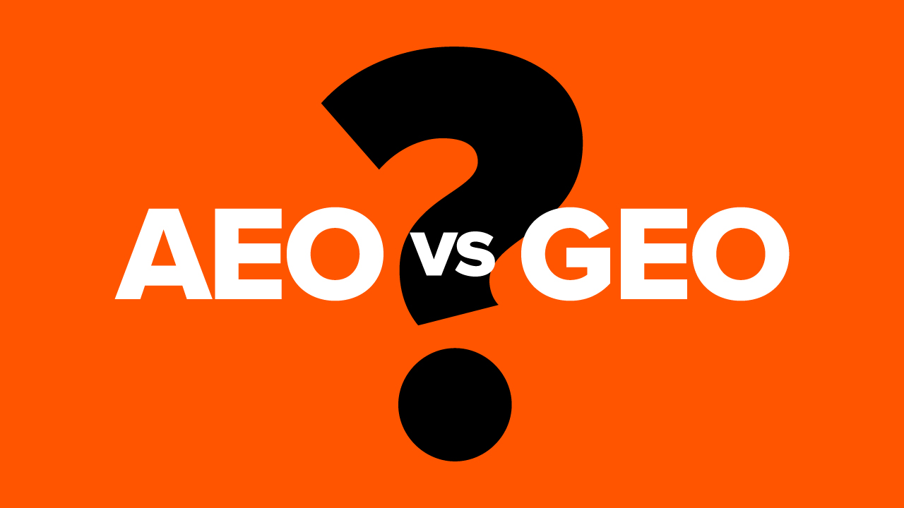 A black question mark with "AEO vs GEO" text on an orange background.
