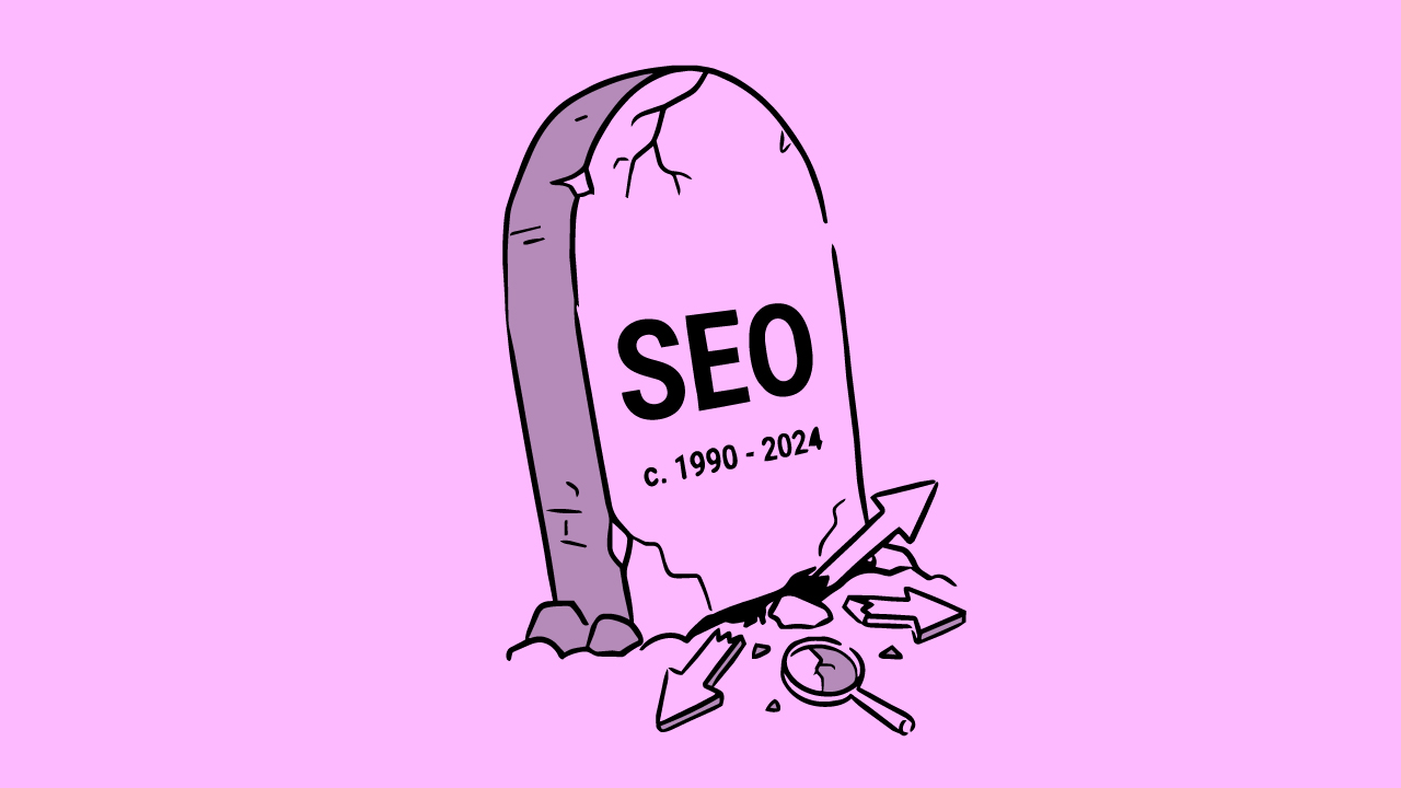 An illustration of a tombstone labeled "SEO c. over a light purple background