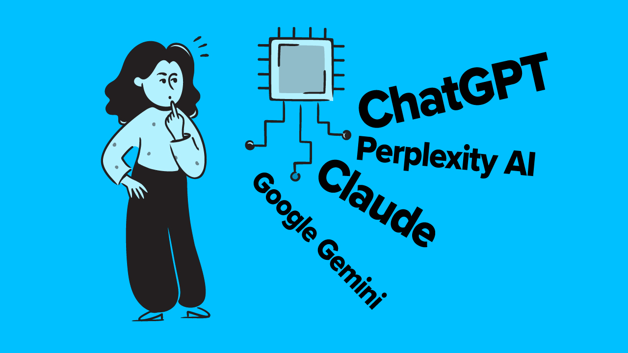 n illustration of a thinking woman next to a computer chip and a list of AI models: ChatGPT, Perplexity AI, Claude, and Google Gemini.