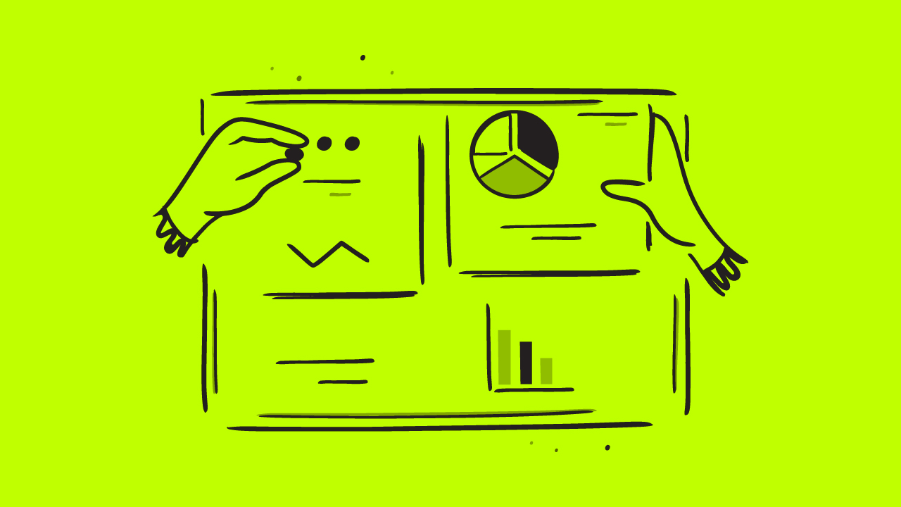An illustration of hands building a website dashboard over a neon yellow background
