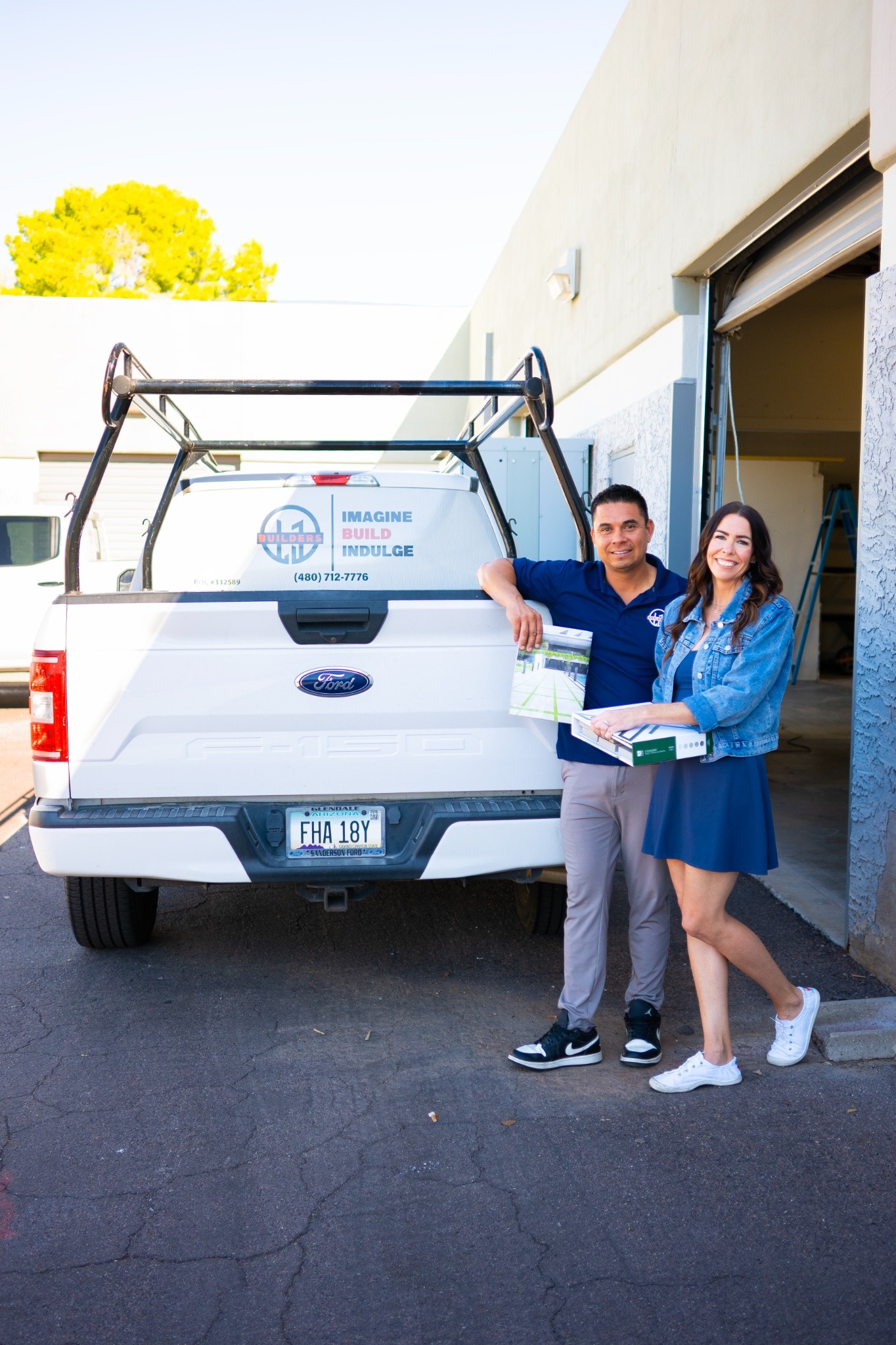 Lawrence and Jessica, owners of LJ Builders, on a job site in the East Valley