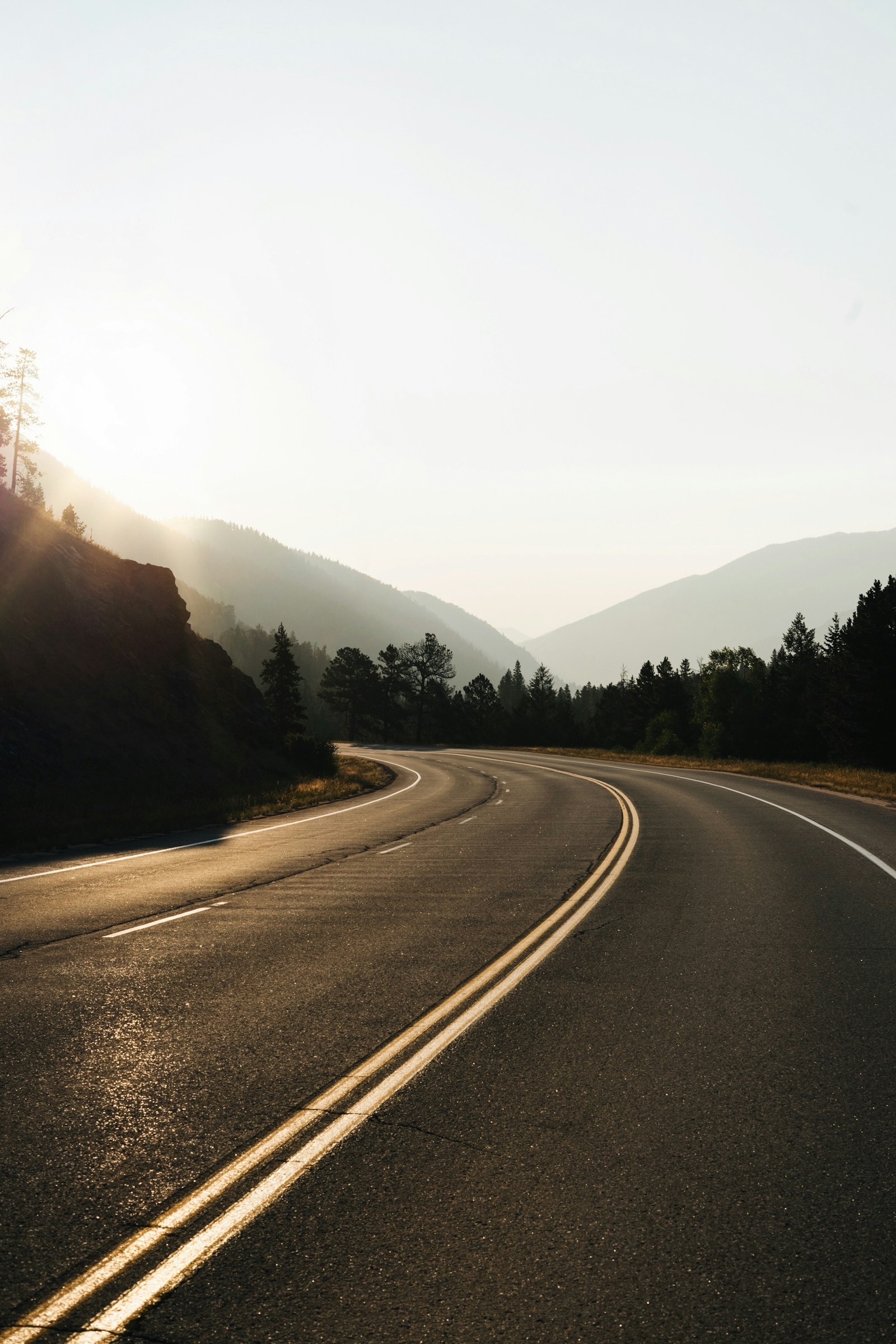 A curving road through a wooded landscape