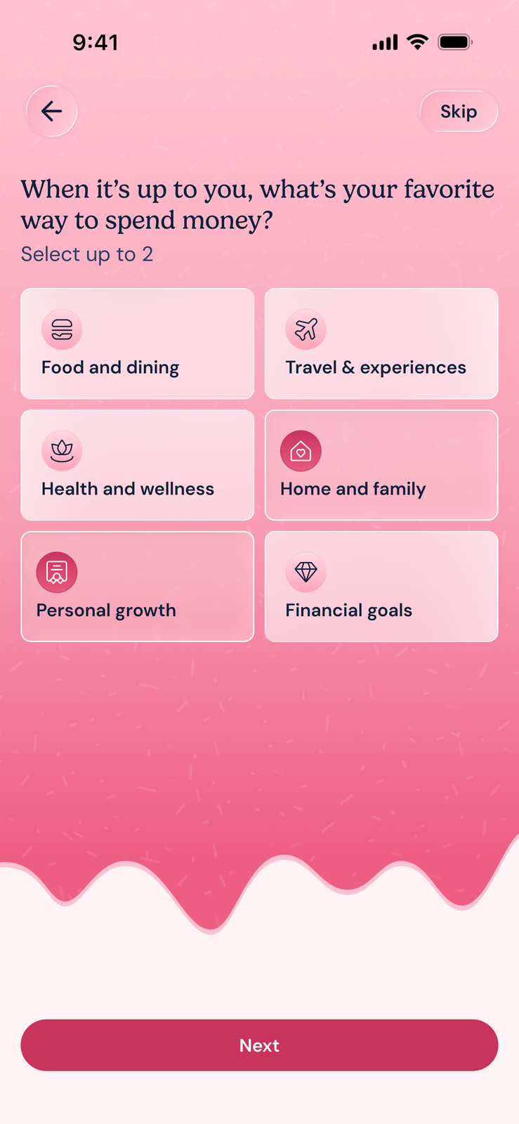 CakeClub onboarding screen where a user selects spending priorities from six categories