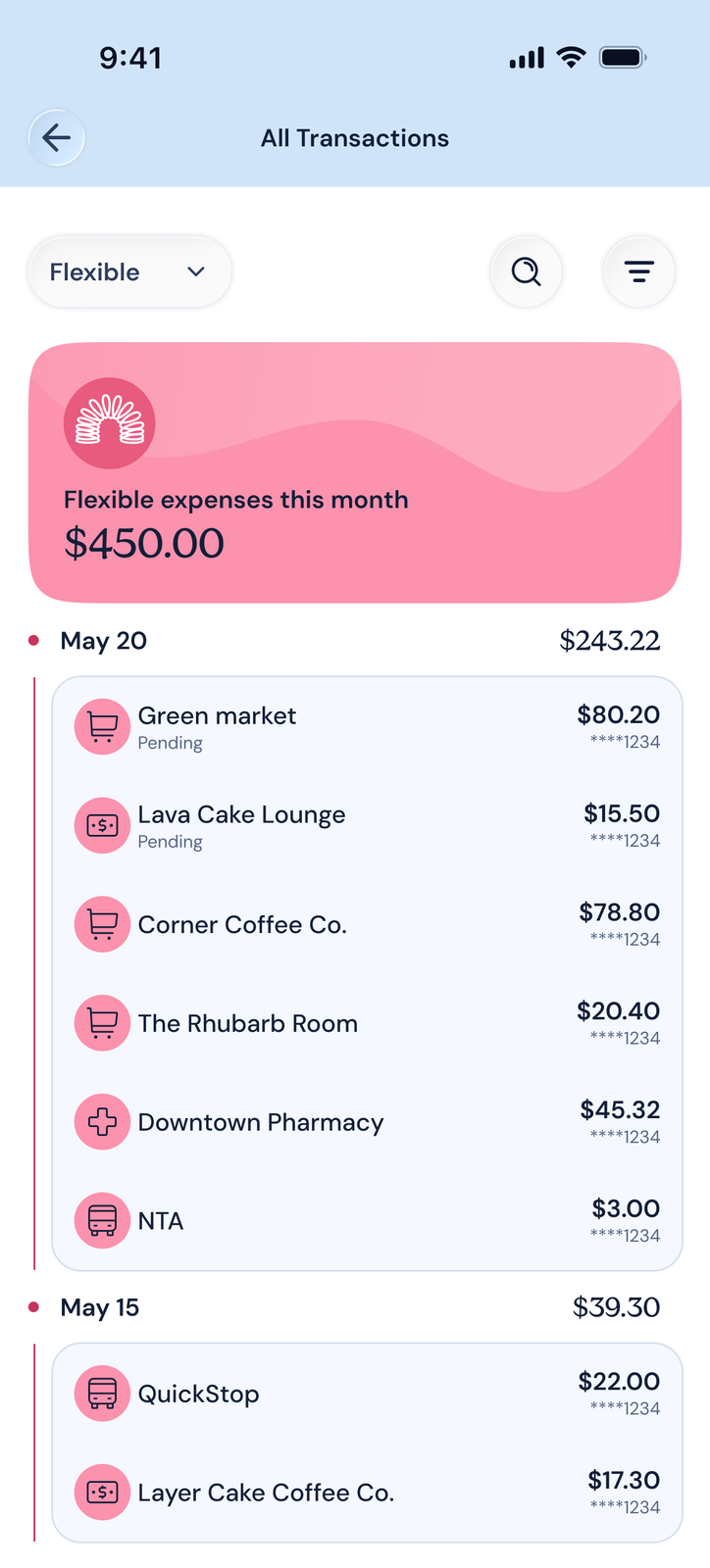 CakeClub screen listing categorized transactions