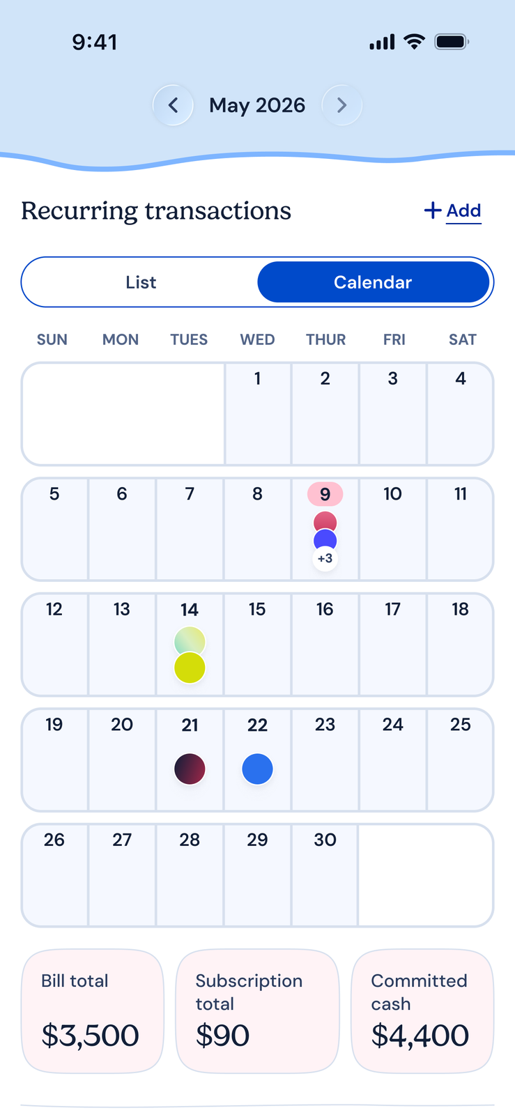 CakeClub calendar view of recurring transactions for the month