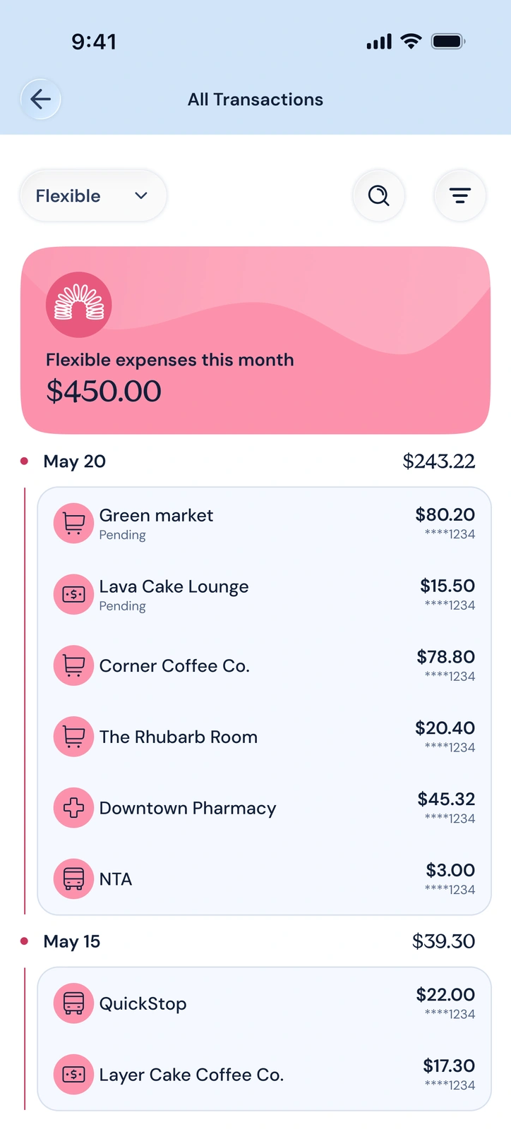 CakeClub screen listing categorized transactions