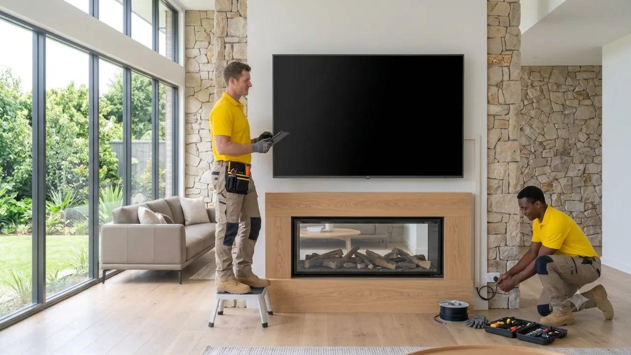 Smart TV Installers technicians mounting a Samsung Frame TV above a modern fireplace and concealing the wiring.