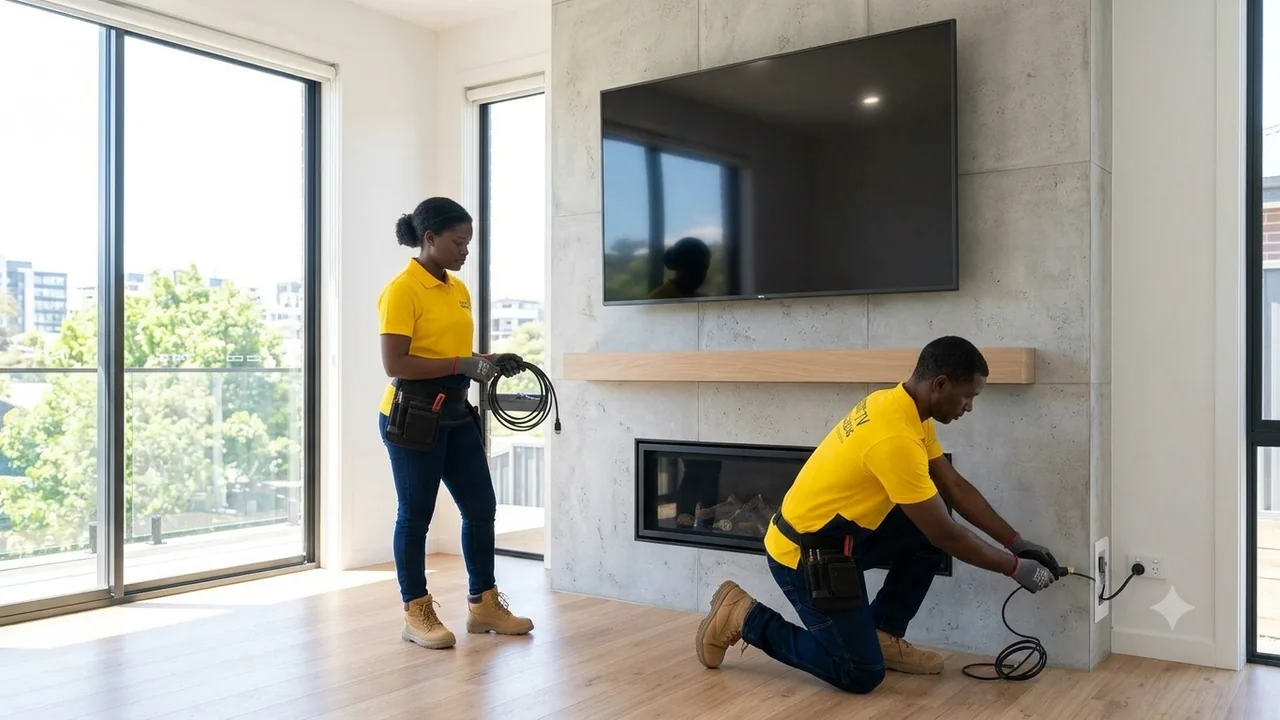 Premium TV mounting above fireplace with in-wall wire concealment
