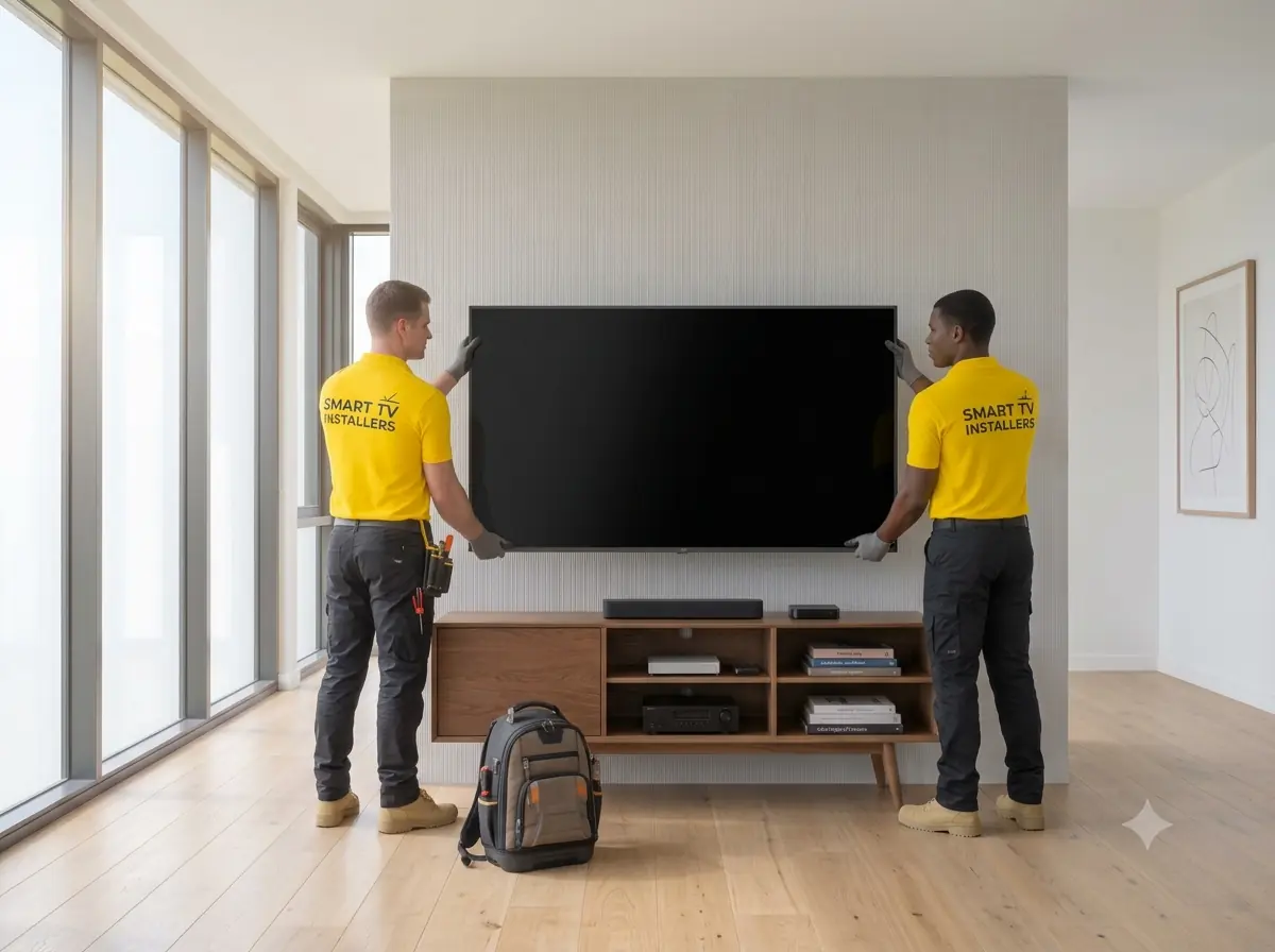Two Smart TV Installers technicians in yellow uniforms positioning a flat-screen TV in a modern living room.