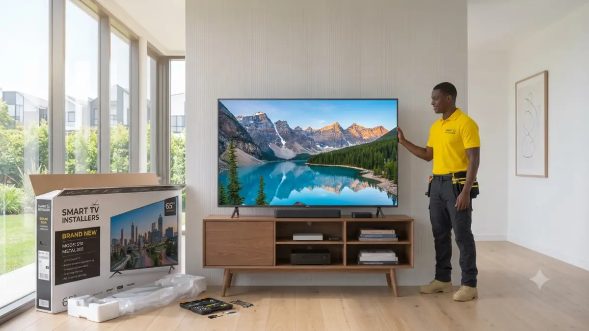 New TV unboxed, assembled, and placed on a media console by a Smart TV Installers technician.
