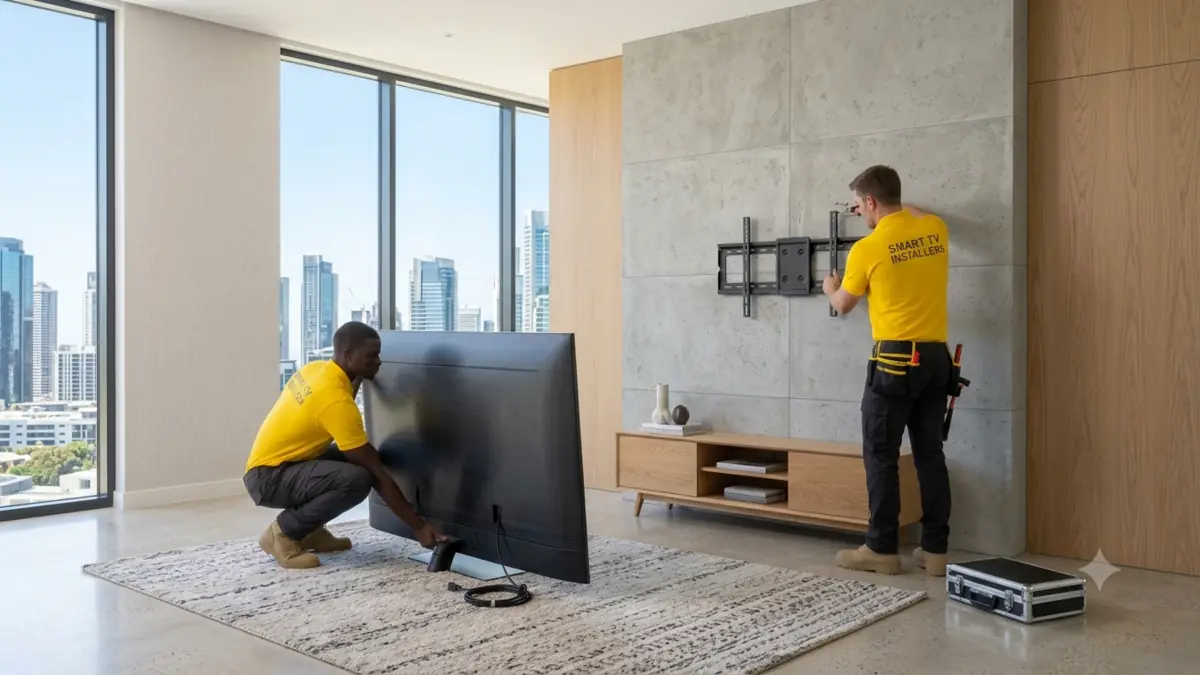 Two TV installers carefully removing a television from a wall mount in a home
