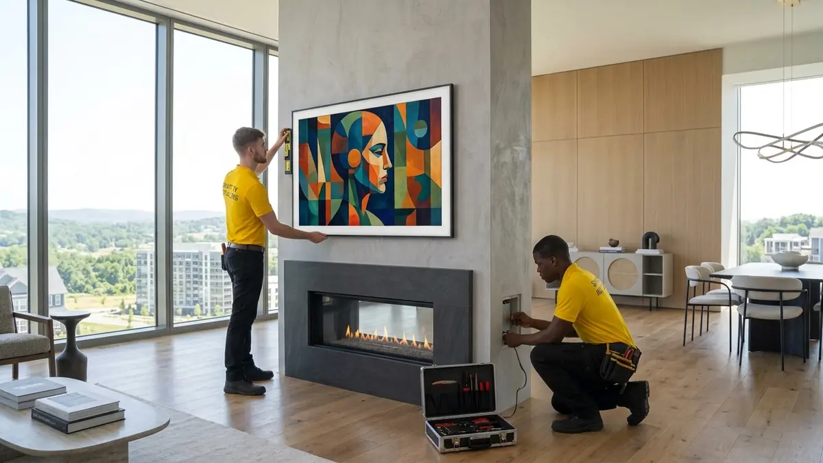 Two Smart TV Installers technicians mounting a Samsung Frame TV above a modern fireplace.