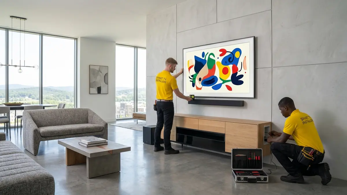 Two Smart TV Installers technicians mounting and connecting a soundbar beneath a wall-mounted TV.