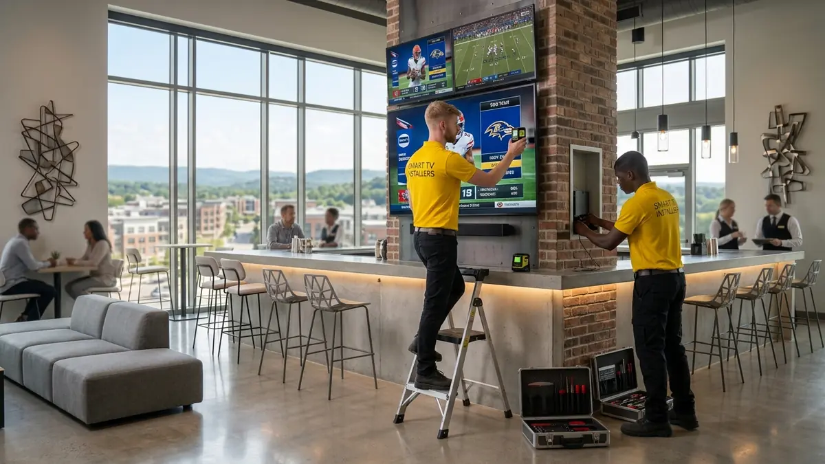 Two Smart TV Installers technicians installing multiple televisions in a commercial restaurant and bar.