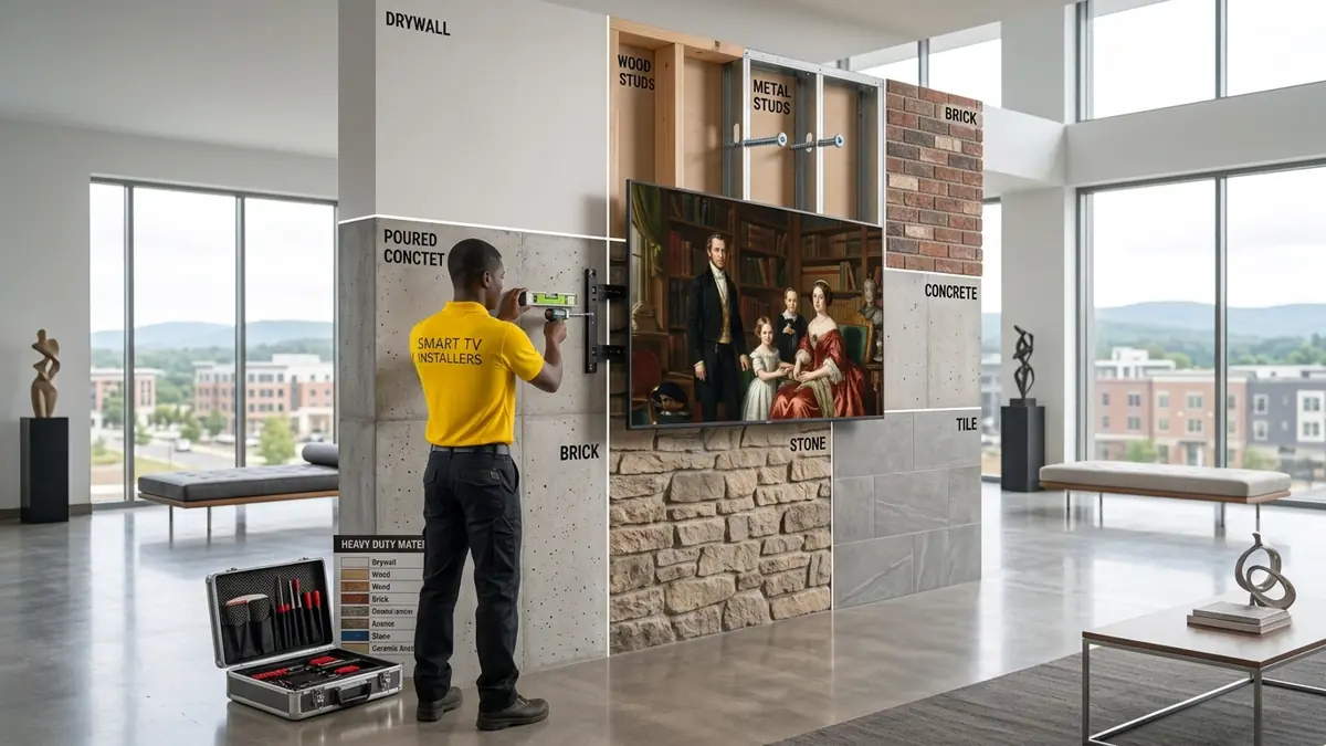 Smart TV Installers technician demonstrating TV mounting on drywall, wood studs, metal studs, brick, concrete, stone, and tile.