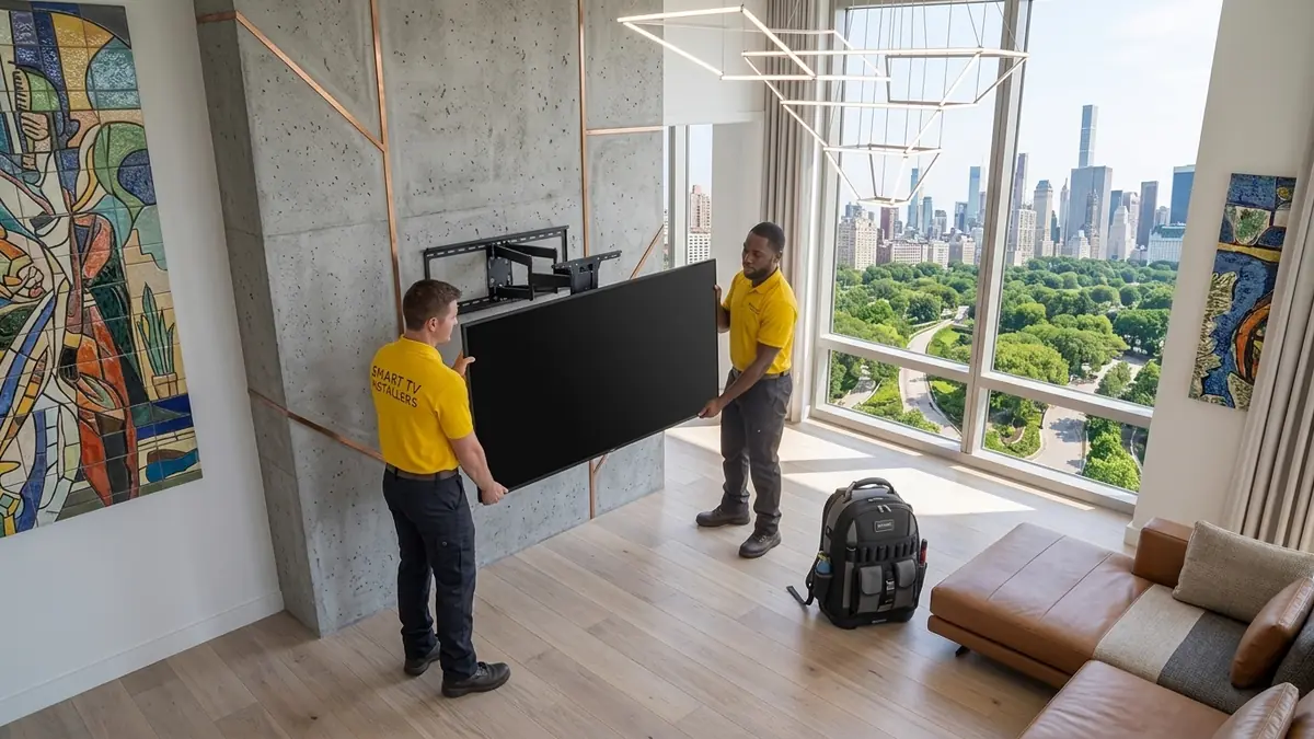 Technician removing a wall-mounted television