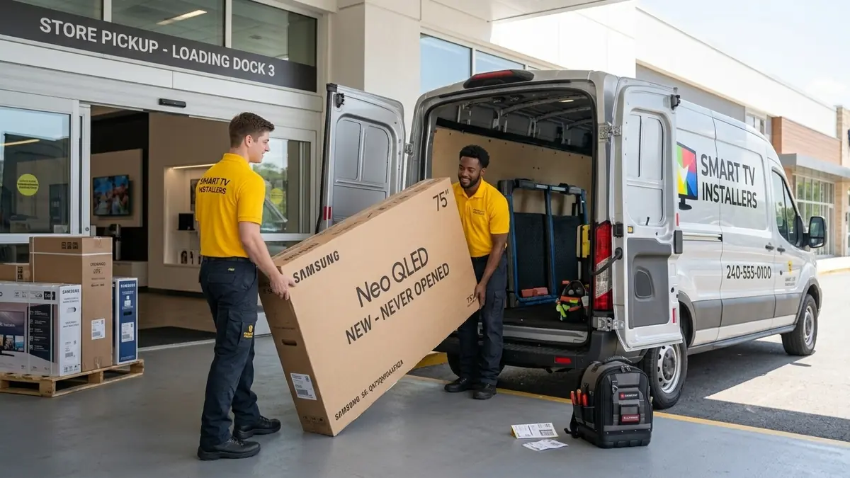 Smart TV Installers technicians loading a boxed television into a delivery van at a major retail store.