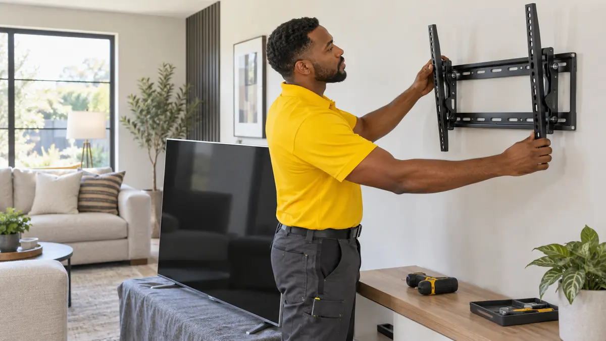 Technician installing a flat or tilt TV mounting bracket