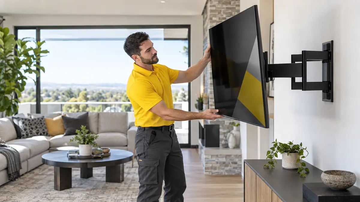 Technician adjusting a television on a full-motion swivel mount