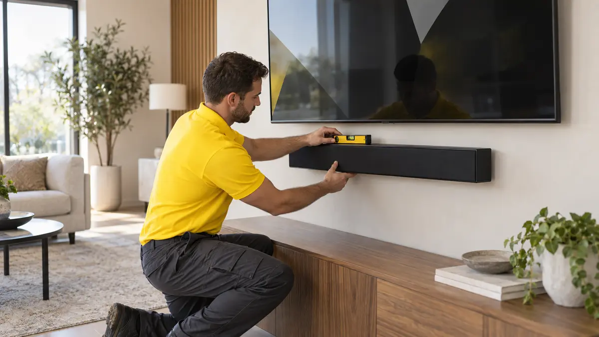 Technician mounting and leveling a soundbar beneath a television