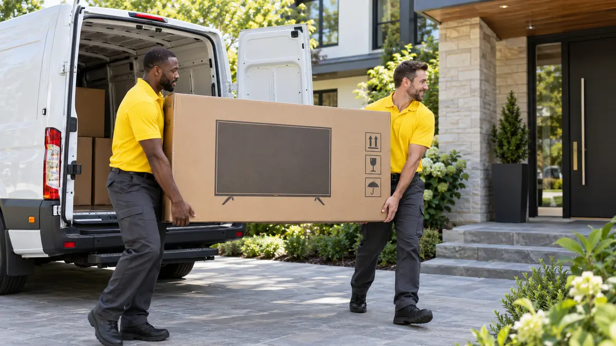 Two technicians delivering a boxed television from a service van