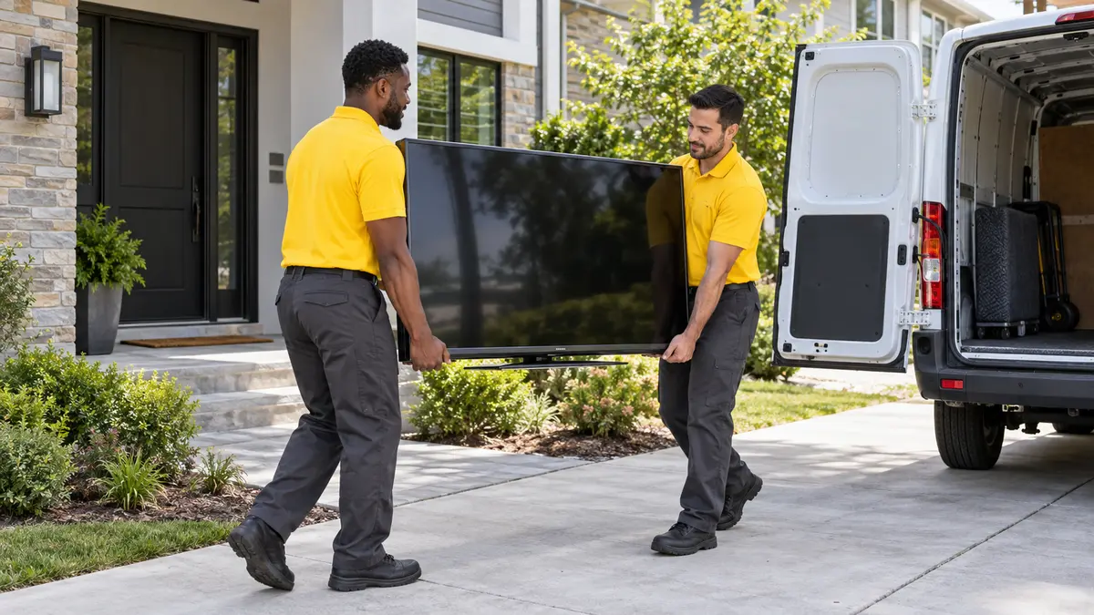 Two technicians carrying a television to a service van for haul-away