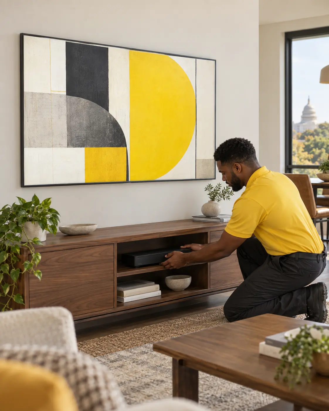 Technician placing a Samsung One Connect Box in an accessible media console beneath a flush-mounted Frame TV.