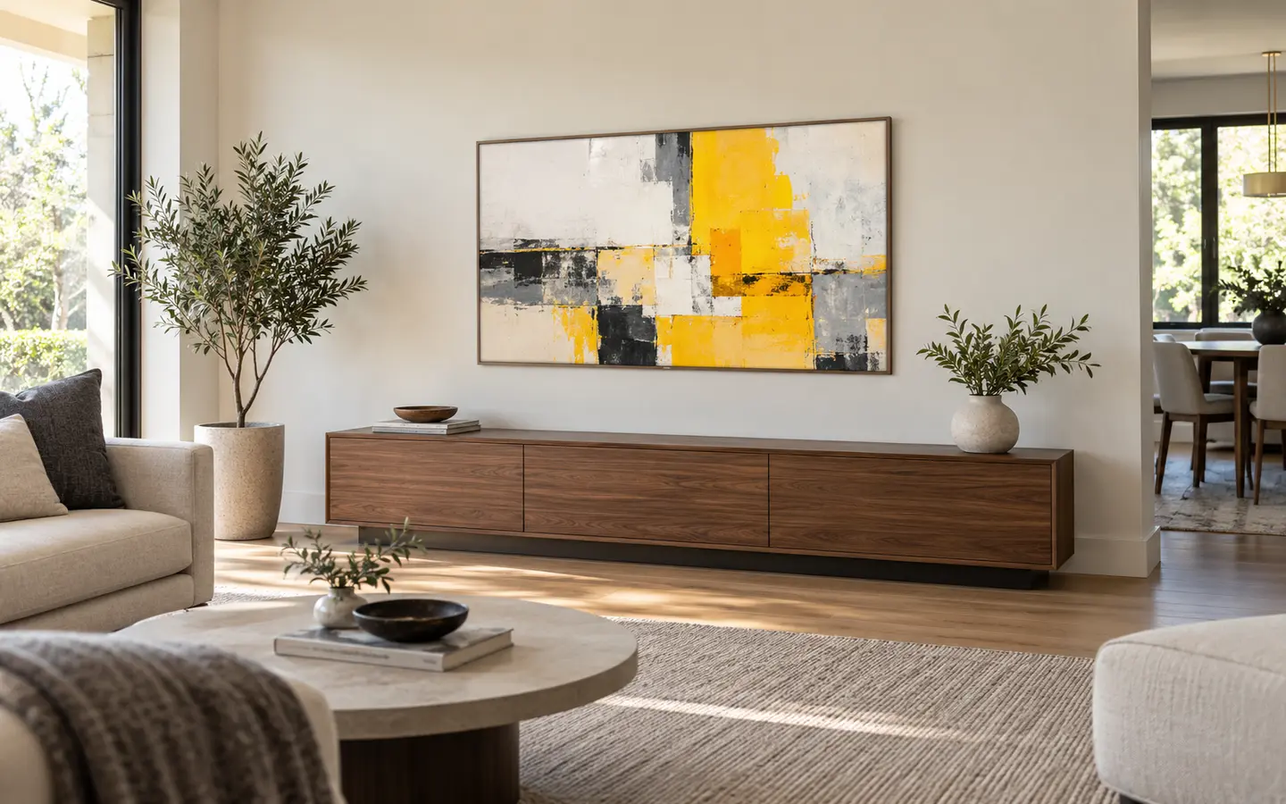 Samsung Frame TV mounted flush on a living room wall with yellow abstract artwork displayed