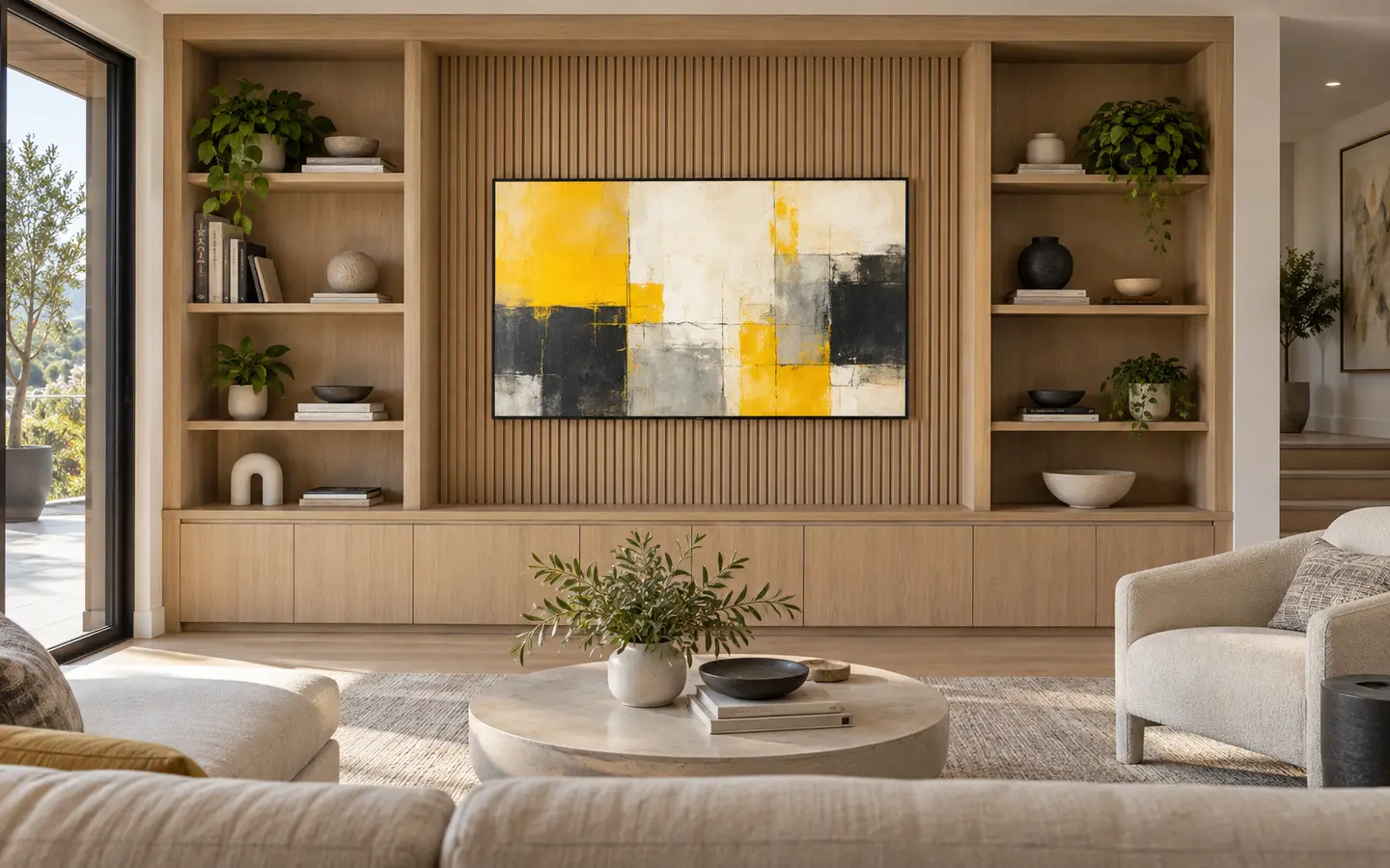 Samsung Frame TV mounted flush within custom built-in cabinetry