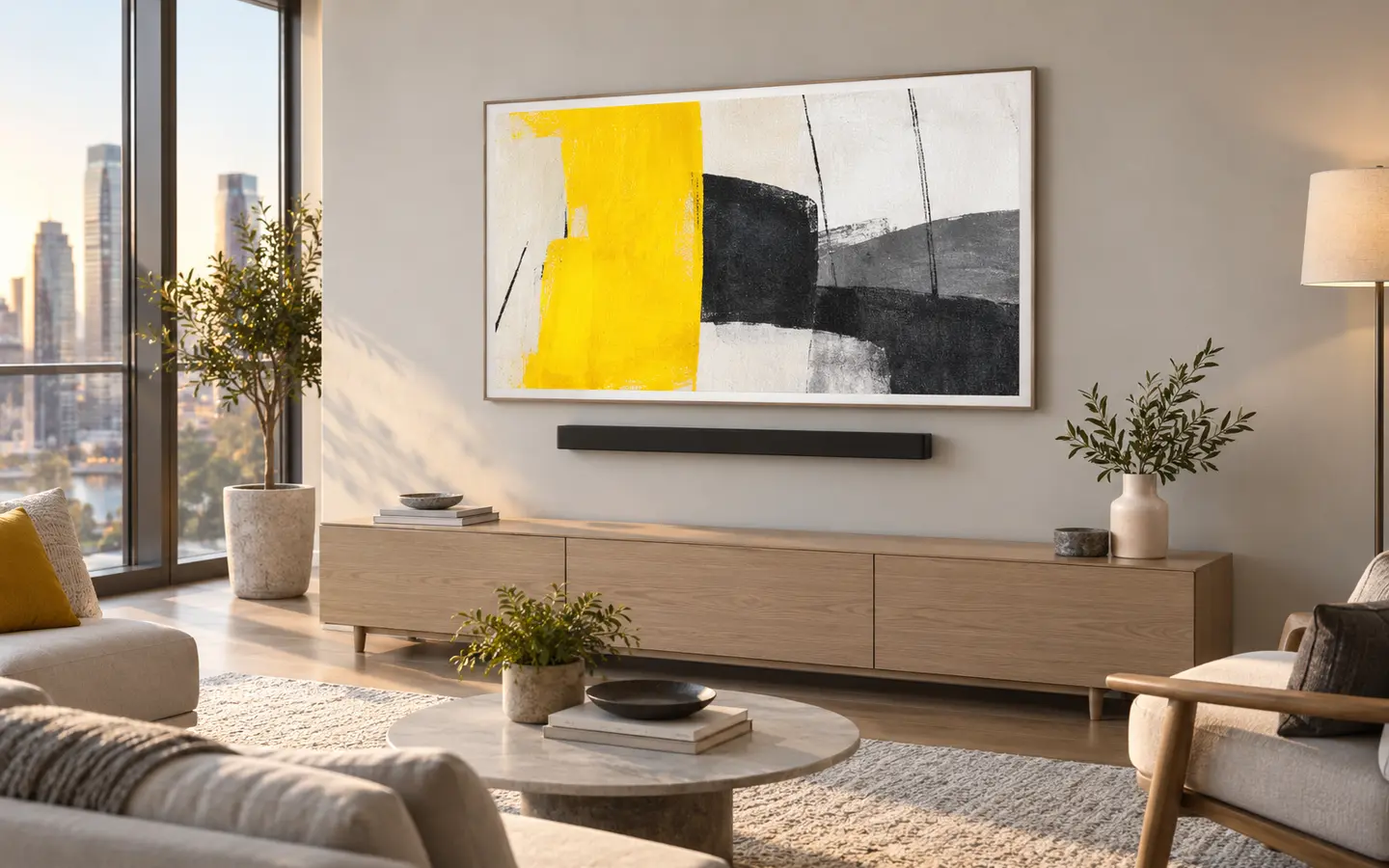 Samsung Frame TV and soundbar installed above a media console with concealed wires