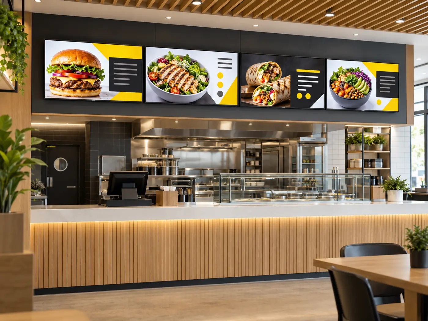 Four professionally installed digital menu boards above a modern restaurant service counter.