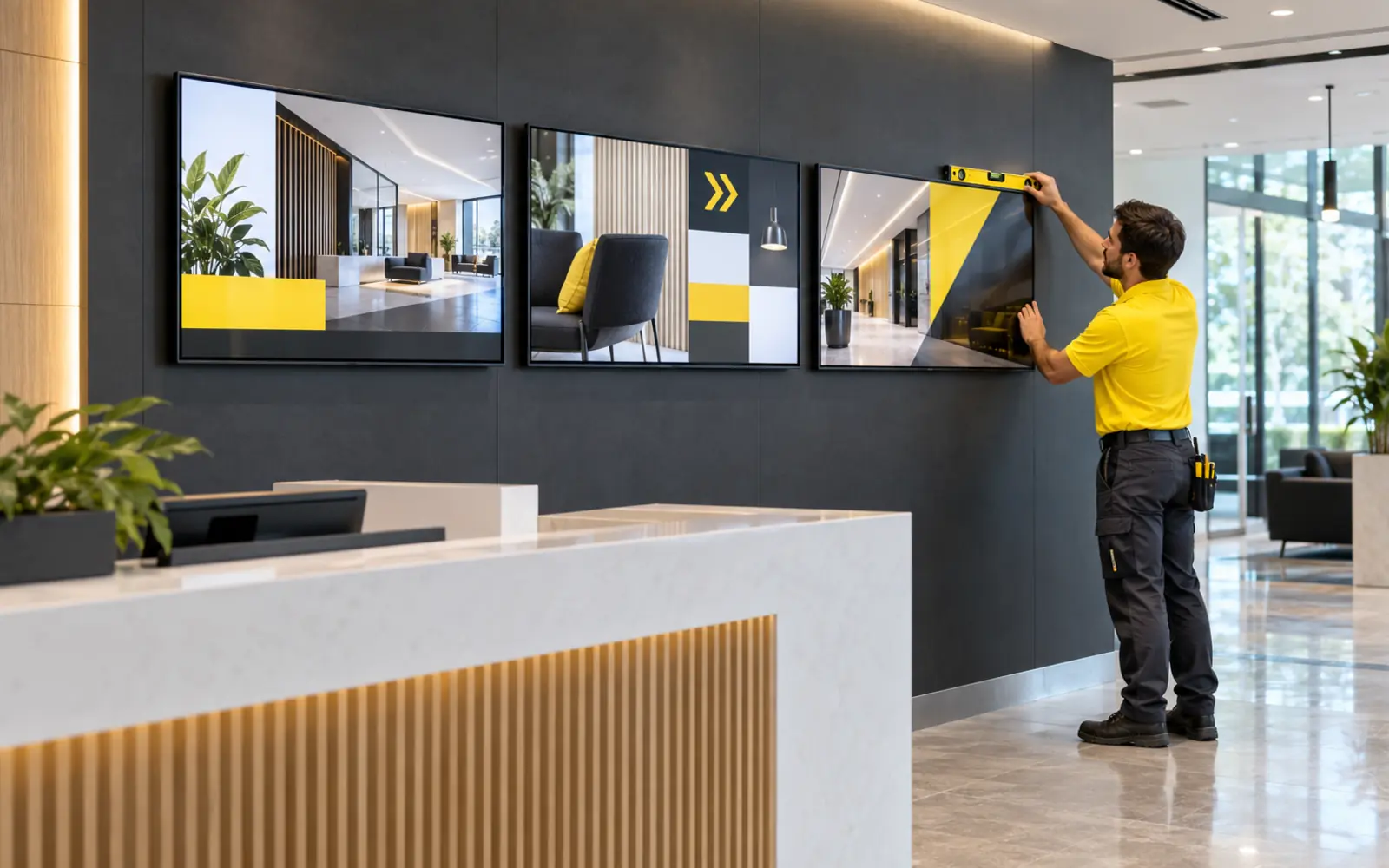 Technician aligning three landscape digital signage displays in a modern business lobby.
