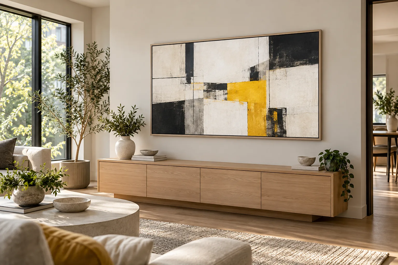 Flush-mounted Samsung Frame TV displaying abstract art above a light wood console in a modern living room.