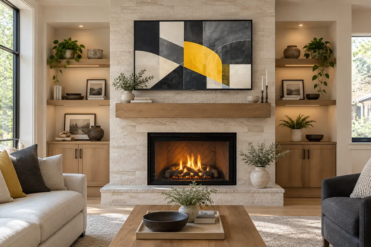 Professionally mounted flat-screen TV above a light stone fireplace with concealed wiring in a modern living room.