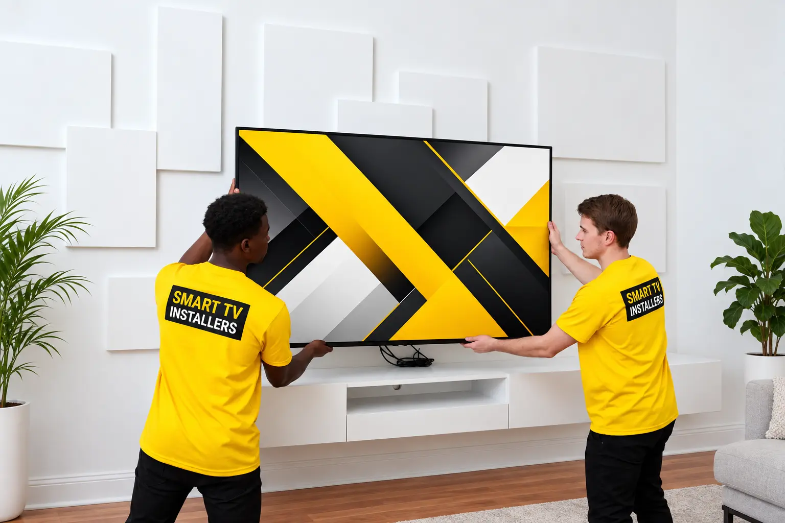 Two Smart TV Installers technicians in yellow uniforms mounting a television displaying a yellow, black, and white geometric pattern.