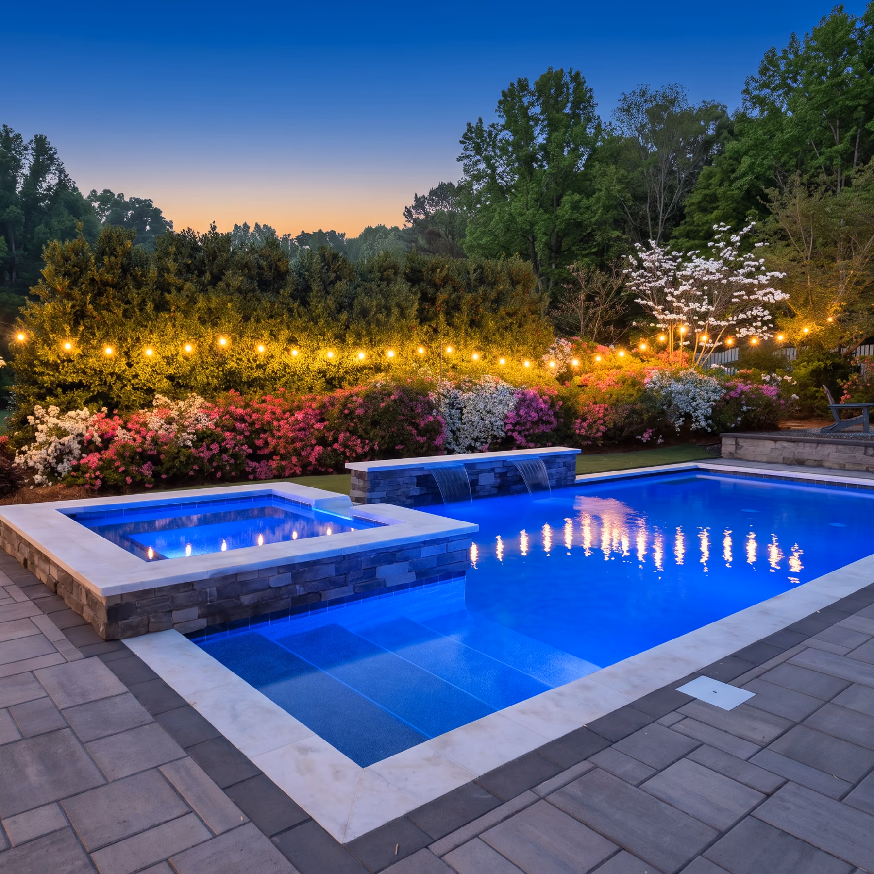 Lit inground pool and raised spa at dusk, with string lights above flowering beds and a paver deck