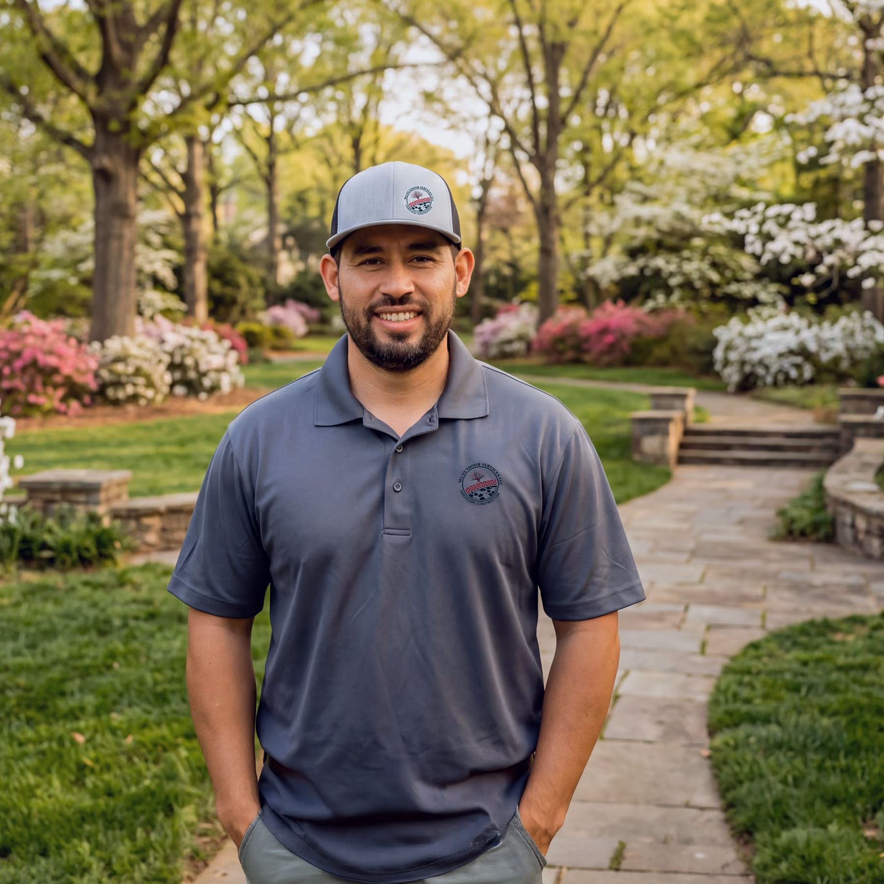 Miguel Lopez, owner of MA Outdoor Services, standing on a stone walkway in a landscaped Charlotte yard