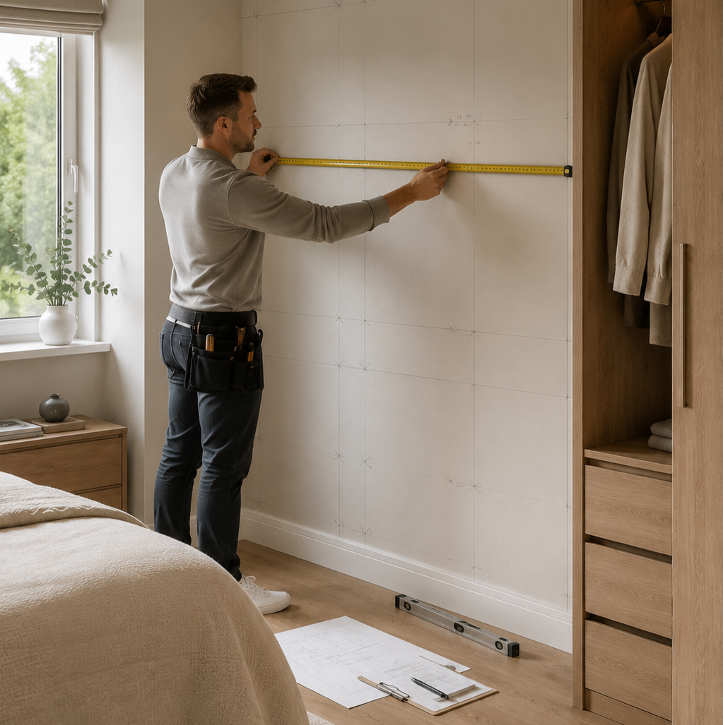 Man measuring a wall with a tape measure, surrounded by a bed, wooden furniture, and architectural plans on the floor in a well-lit room.
