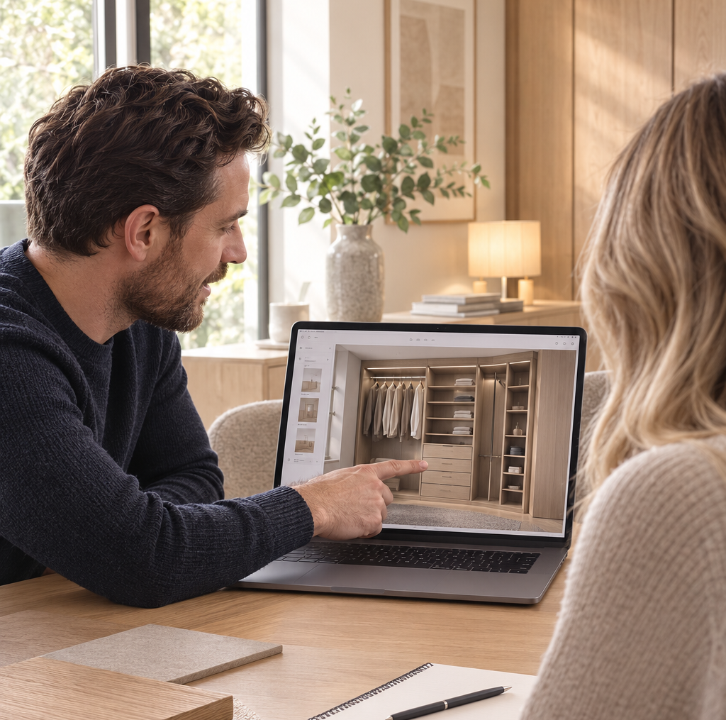A man points at a laptop screen displaying a 3D design of a modern wooden wardrobe with hanging clothes and shelves, while a woman watches in a bright, cozy room with a plant, lamp, and notepad on the table.