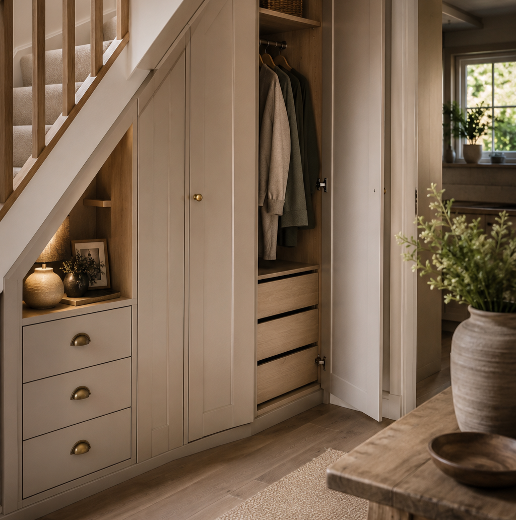 Under-stairs storage unit with beige cabinets and drawers, one cabinet door open showing hanging sweaters and wooden drawers, a lit lamp and framed picture on a shelf underneath the stairs, and a wooden table with a vase of greenery nearby.
