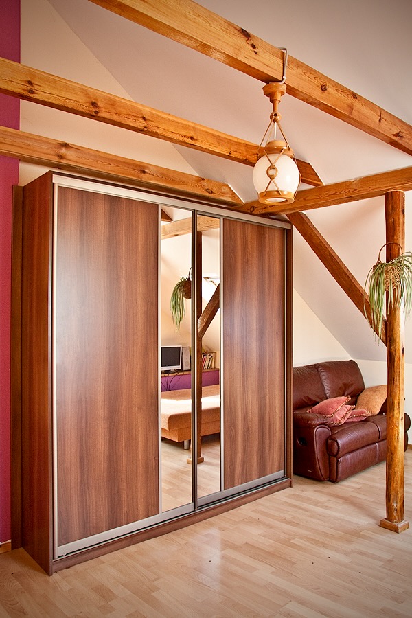 Room corner with a large wooden wardrobe featuring sliding mirrored doors, exposed wooden beams on the ceiling, a hanging plant, and a brown leather sofa with cushions.