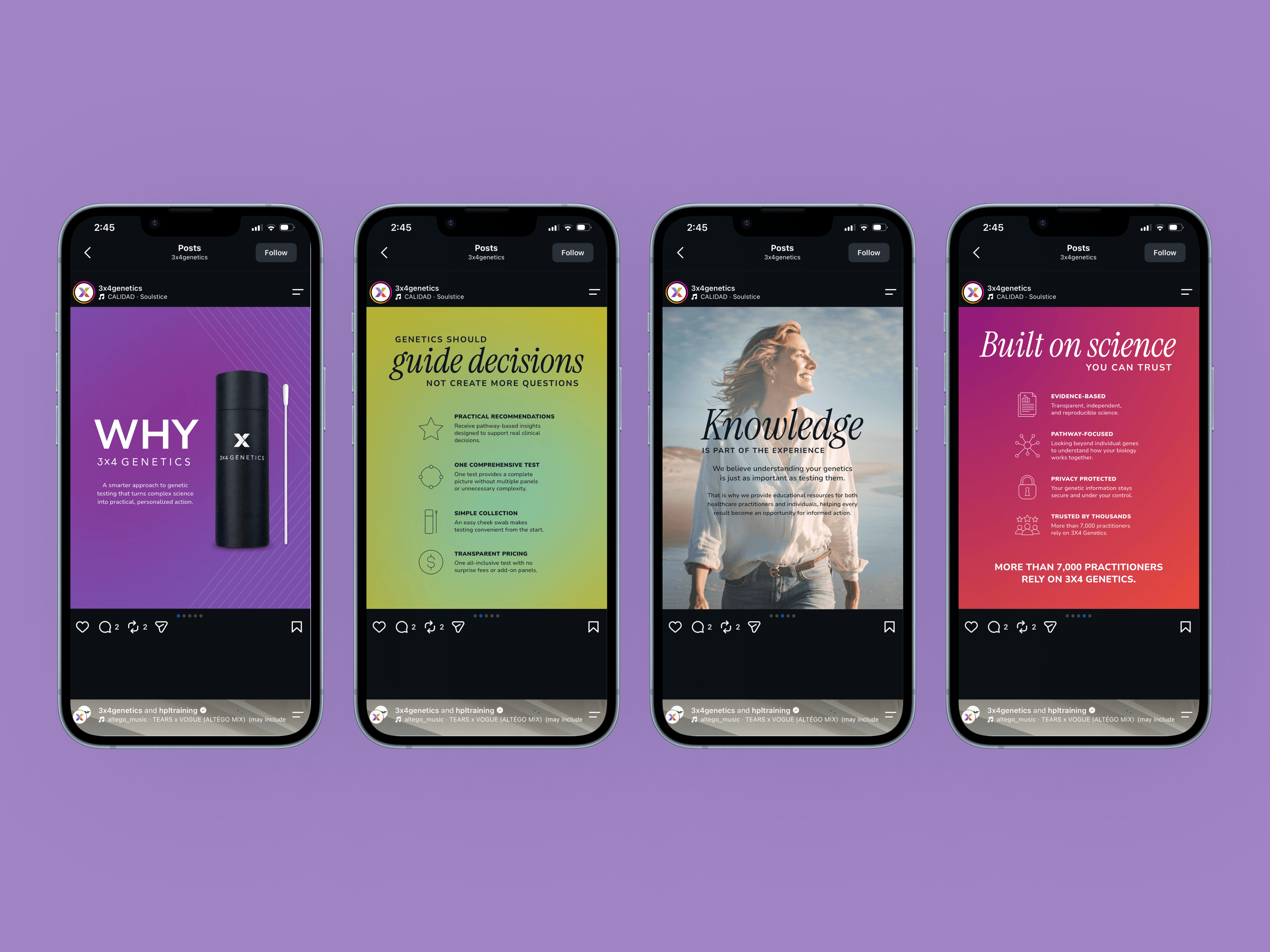 image of 4 cell phones in a line showing screens of an instagram post