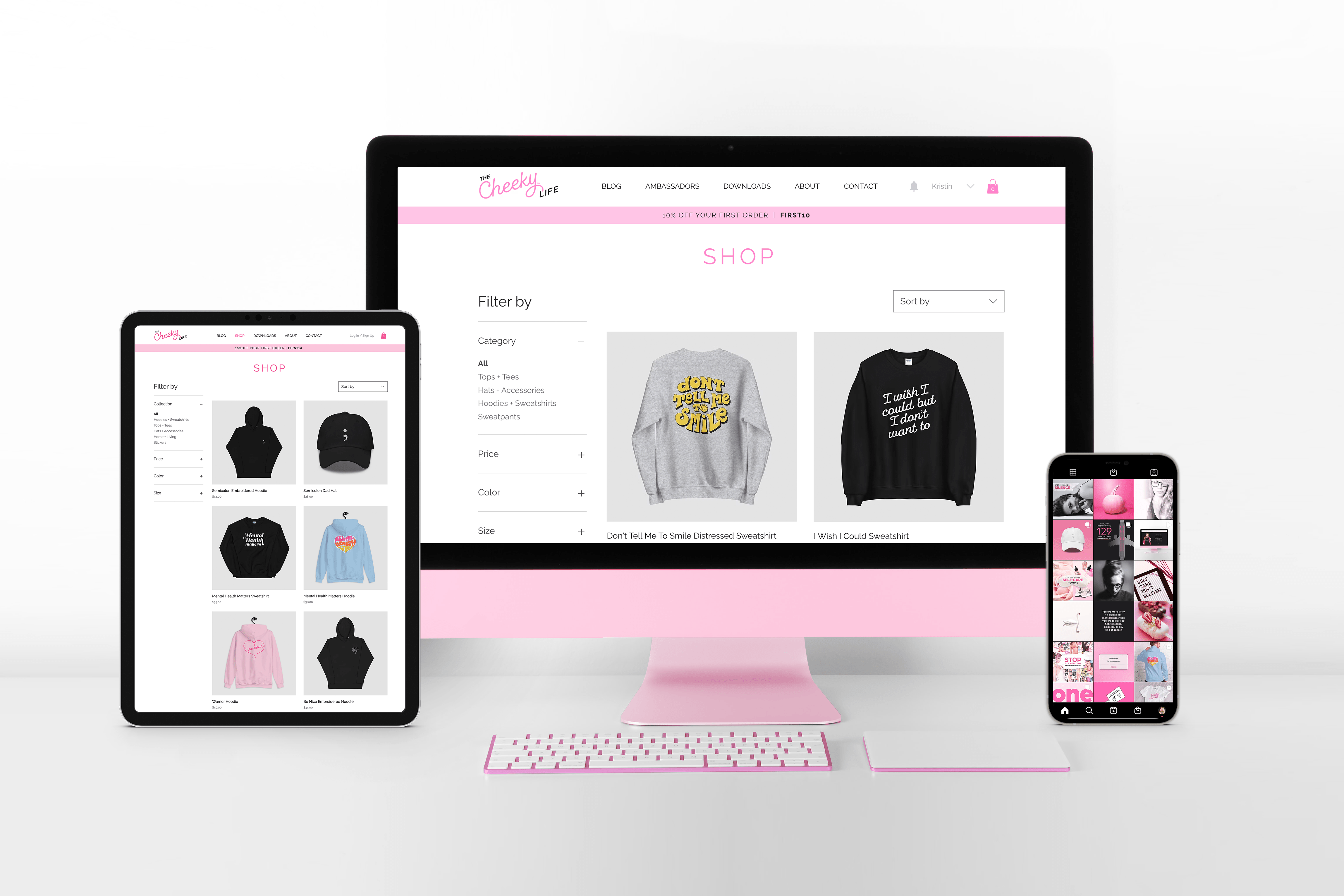 image of the cheeky life website and social media mocked up on a desktop, ipad and cellphone