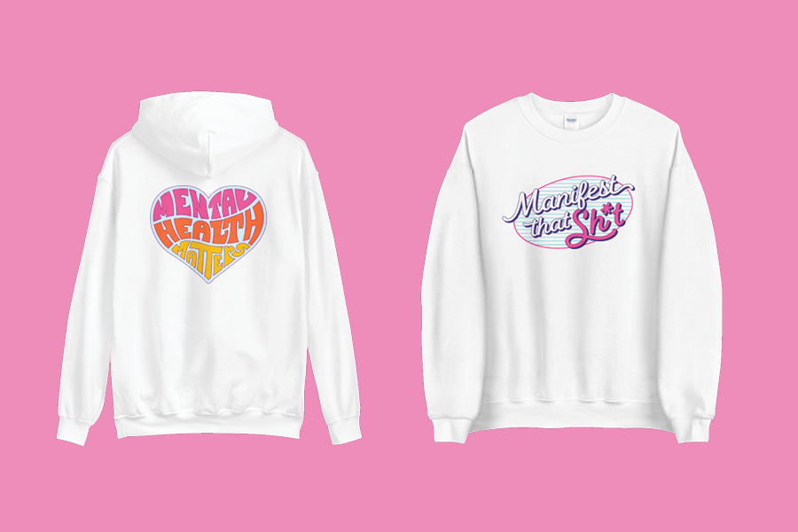 image of two white sweatshirts on a pink background