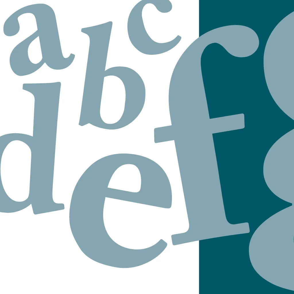 Random lowercase letters a, b, c, d, e, f, and g in varying large sizes and shades of blue partly overlapping on a white background with a vertical dark teal stripe on the right.
